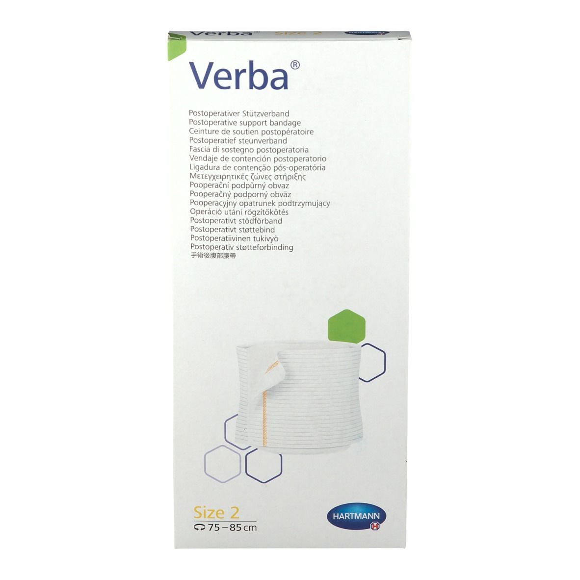Verba bandage de soutien postopératoire, emballage. Taille 2, 75-85 cm. Logo Hartmann. Boîte blanche avec informations produit.