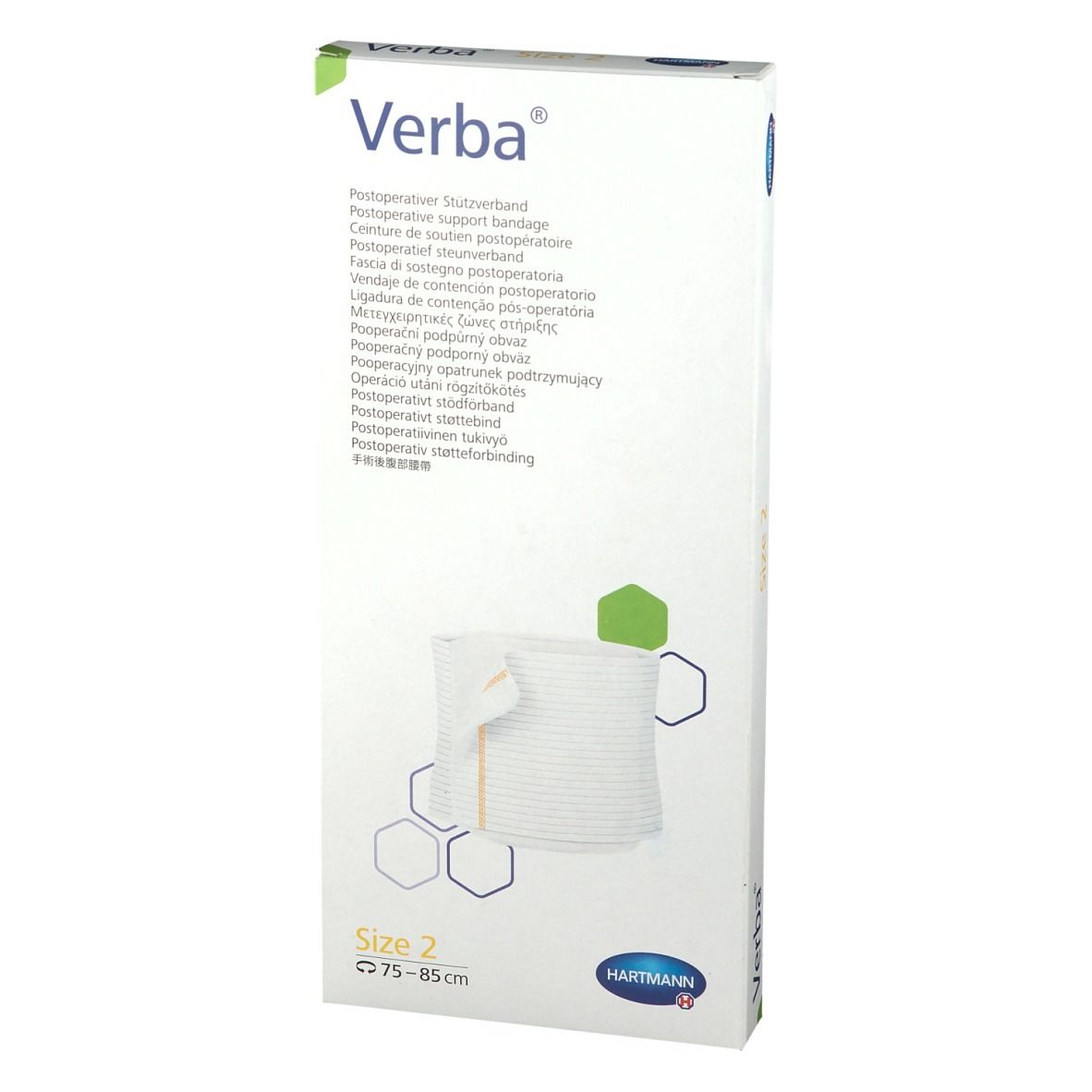 Verba bandage de soutien postopératoire, emballage. Taille 2, 75-85 cm. Logo Hartmann. Boîte blanche avec informations produit.