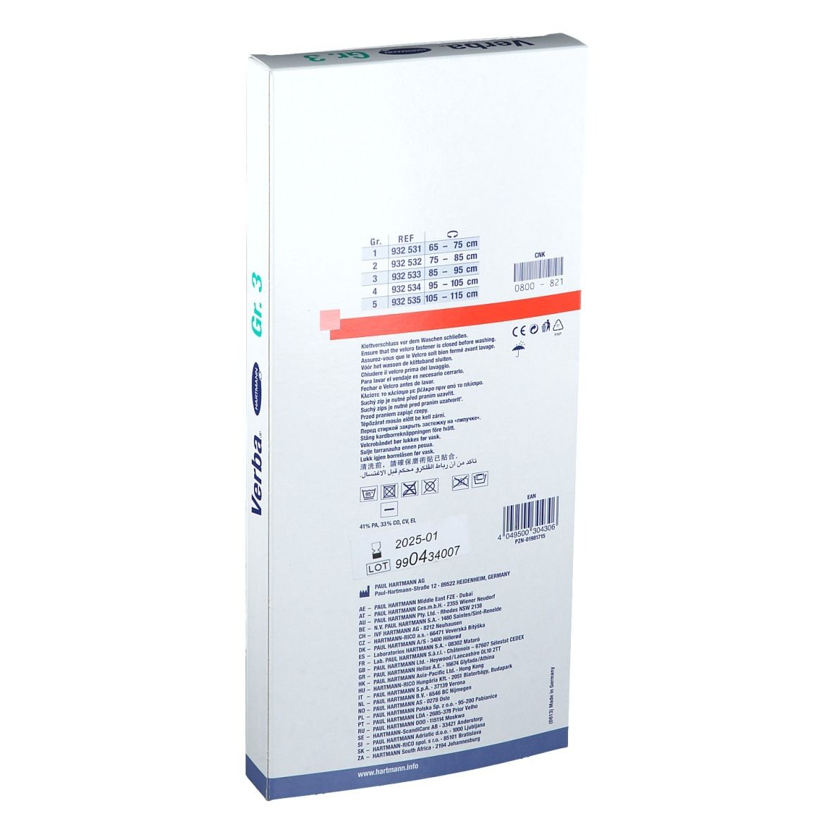 Verba Hartmann, Gr. 3, emballage. Dos avec informations sur le produit et indications de taille. REF 932 533.