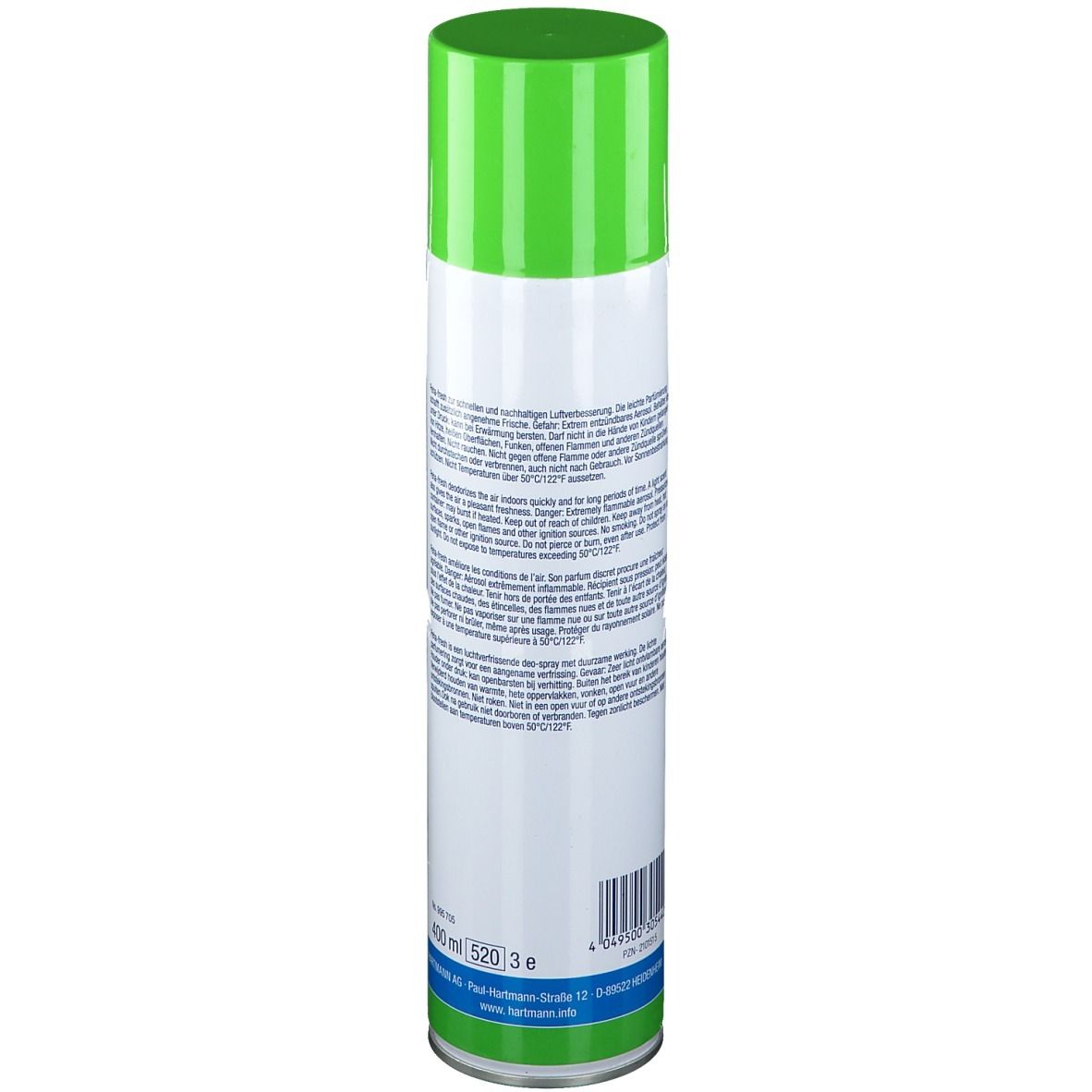 Aérosol avec bouchon vert. Dos avec texte. Marque : Hartmann. Volume : 400 ml.