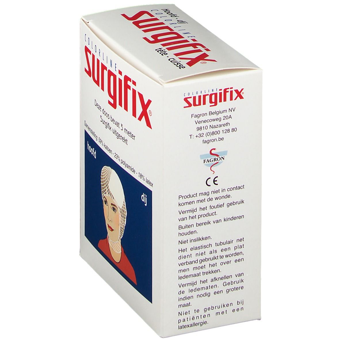 Boîte de Surgifix en biais. Carton blanc avec texte rouge. Contient 3 mètres de Surgifix. Marquage CE.