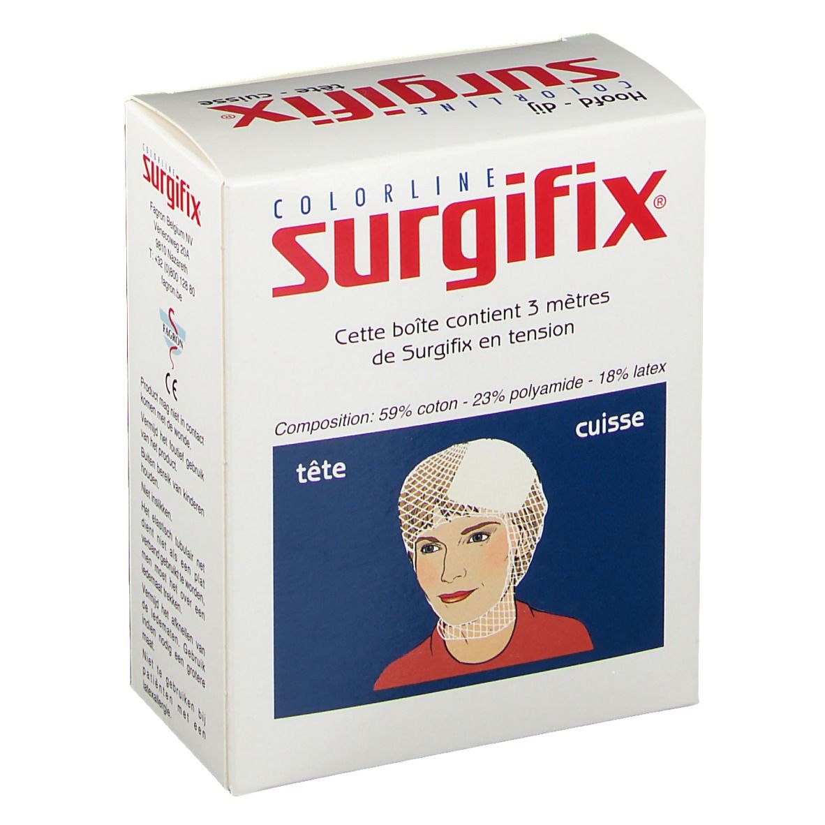 Boîte de Surgifix. Carton blanc avec texte rouge. Contient 3 mètres de Surgifix. Illustration d'une femme avec un filet Surgifix.