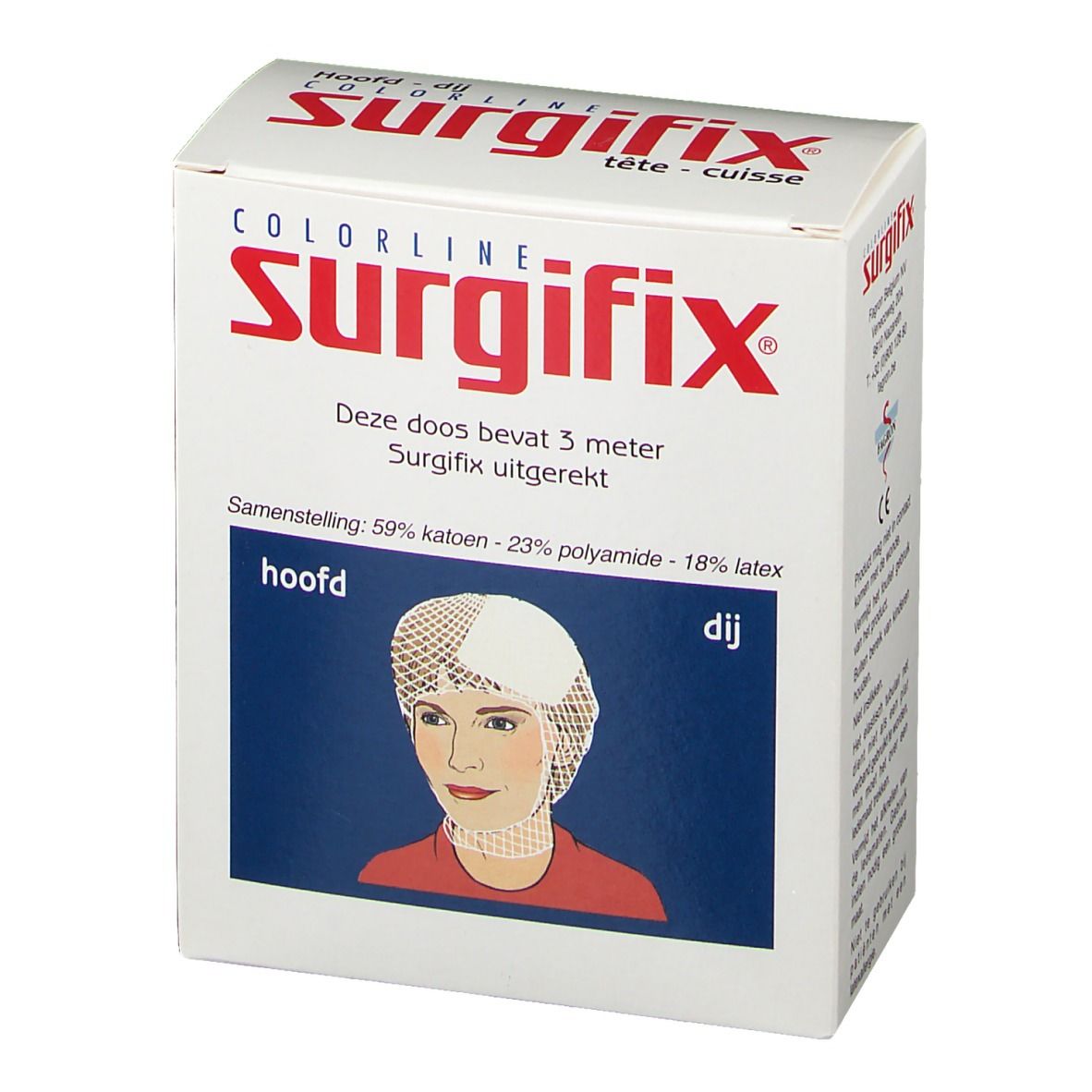Boîte de Surgifix. Carton blanc avec texte rouge. Contient 3 mètres de Surgifix. Illustration d'une femme avec un filet Surgifix.