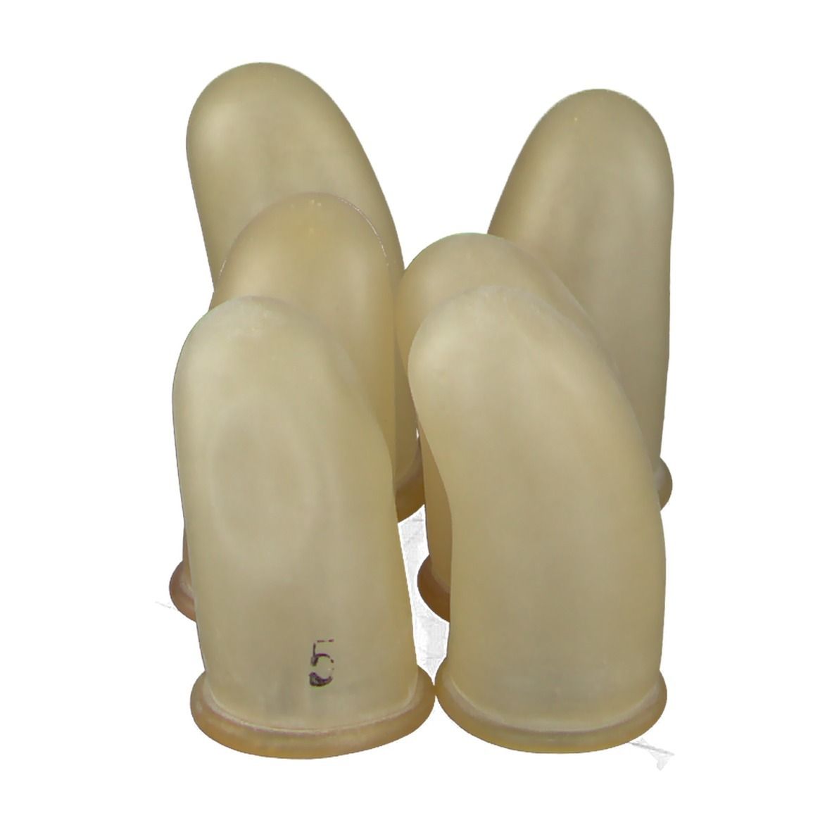 Six doigtier en caoutchouc beige. Chacun a une base ronde et un bout arrondi. Le chiffre 5 est visible sur l'un d'eux.