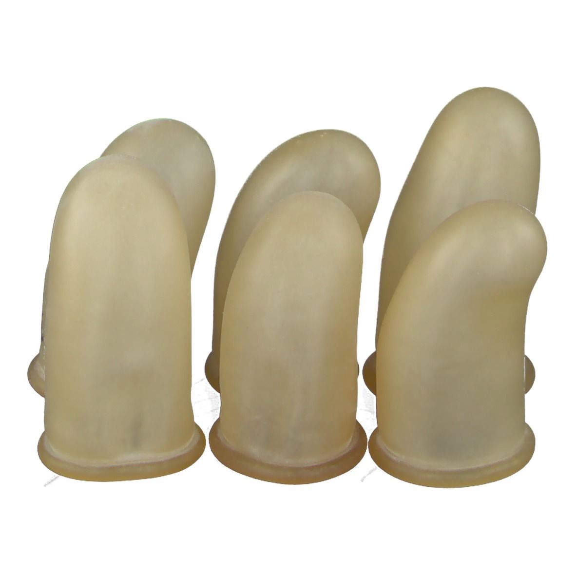 Six doigtier en caoutchouc beige. Chacun a une base ronde et un bout arrondi. Le chiffre 5 est visible sur l'un d'eux.