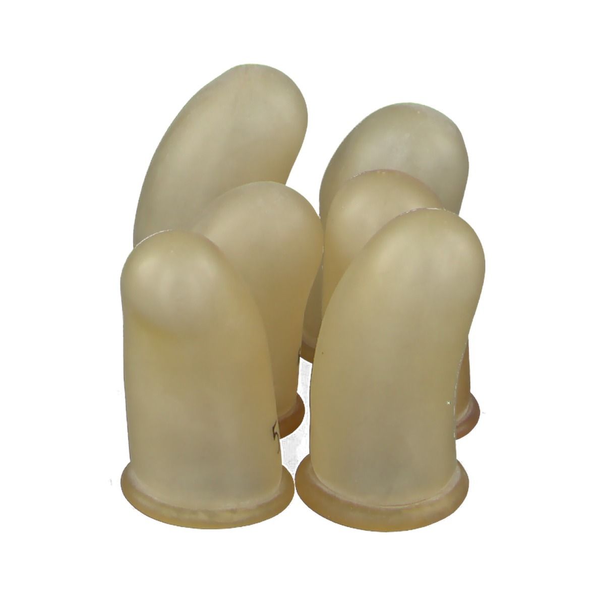 Six doigtier en caoutchouc beige. Chacun a une base ronde et un bout arrondi. Le chiffre 5 est visible sur l'un d'eux.