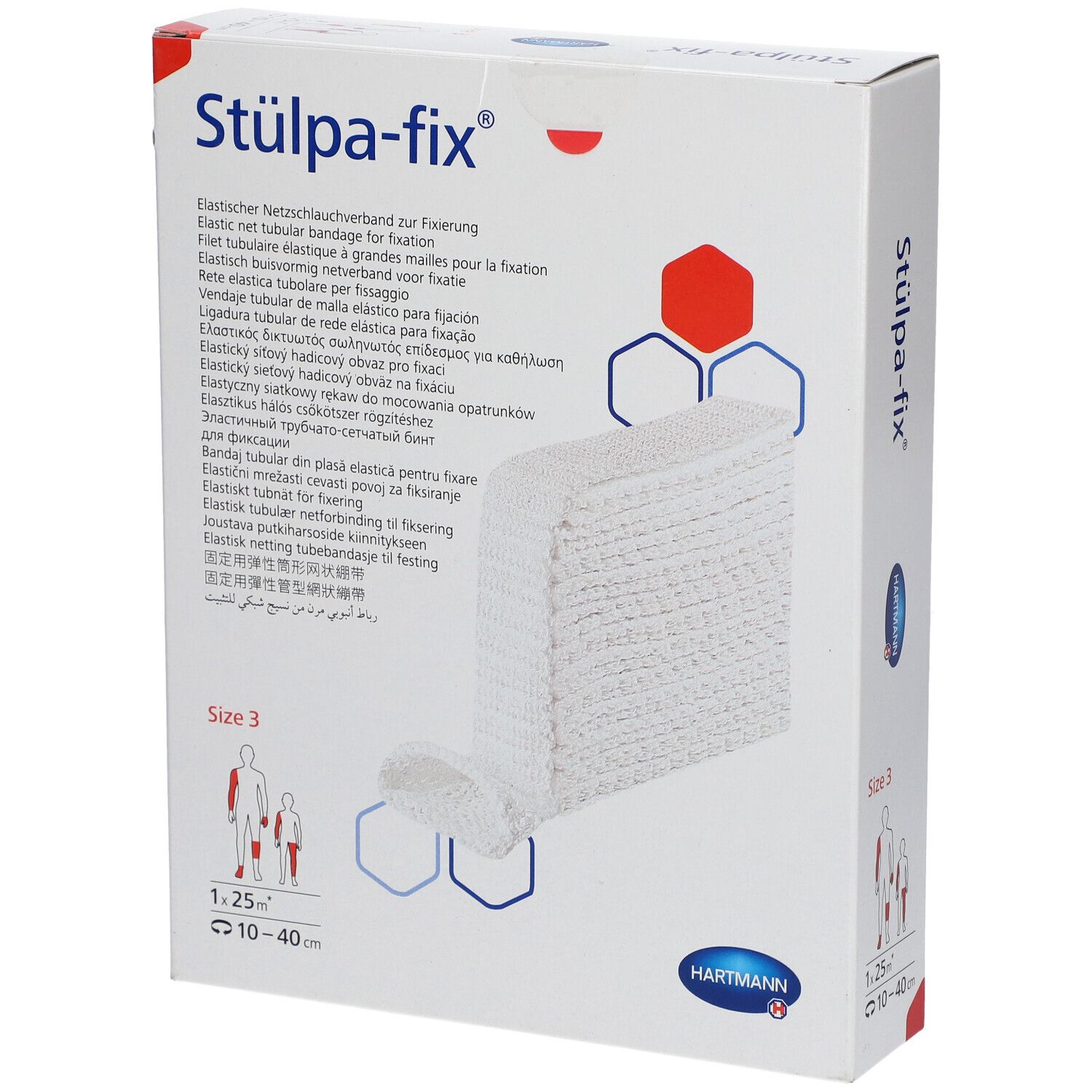 Emballage de Stulpa-fix, taille 3. Bandage tubulaire élastique pour fixation. Contient 1,25 m. Logo Hartmann.