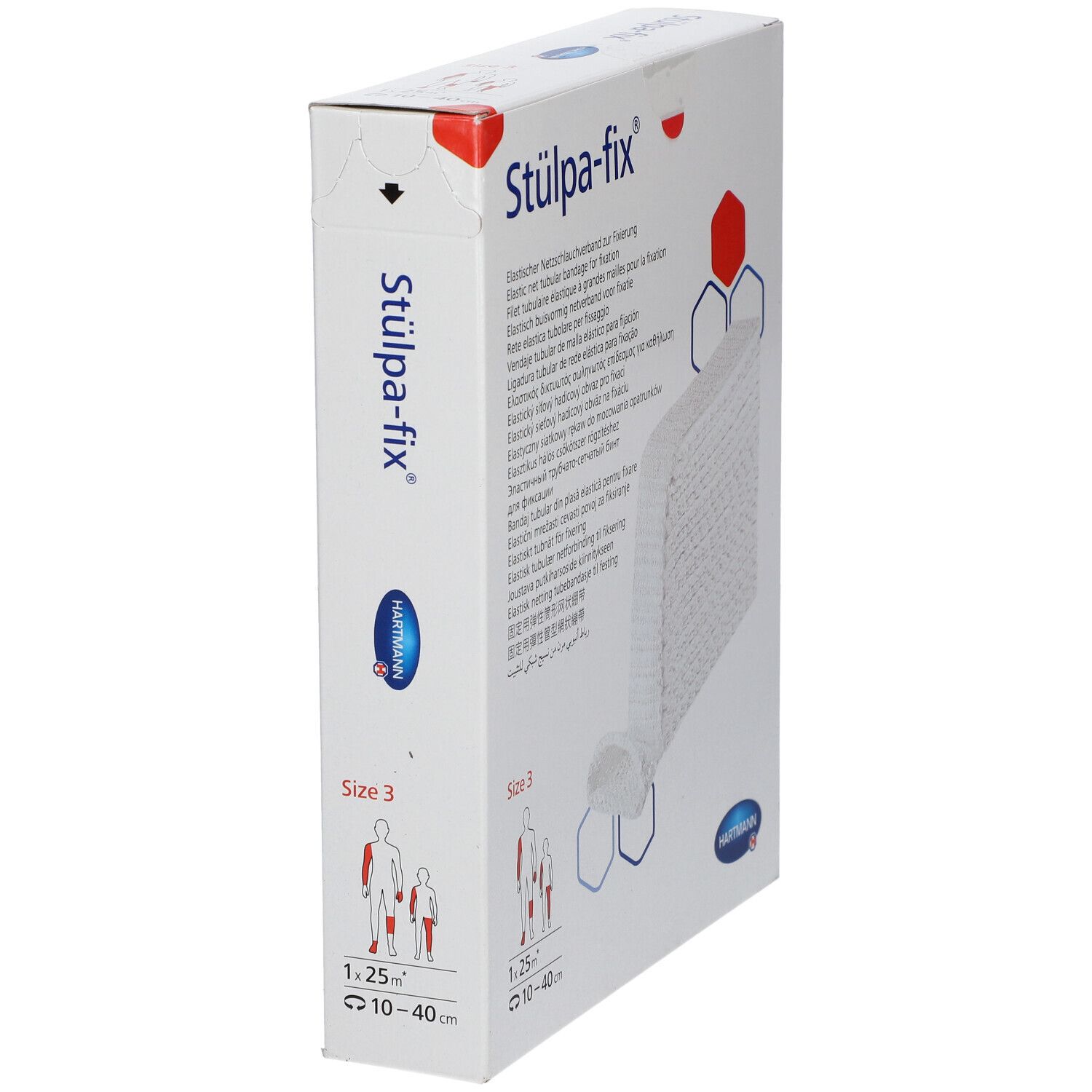Emballage Stulpa-fix, taille 3. Bandage tubulaire élastique. Logo Hartmann. Illustration du bandage et indications de taille.