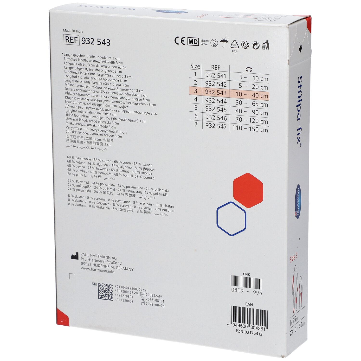 Dos de l'emballage Stulpa-fix. Indications de taille, composition du matériau, informations fabricant et marquage CE.