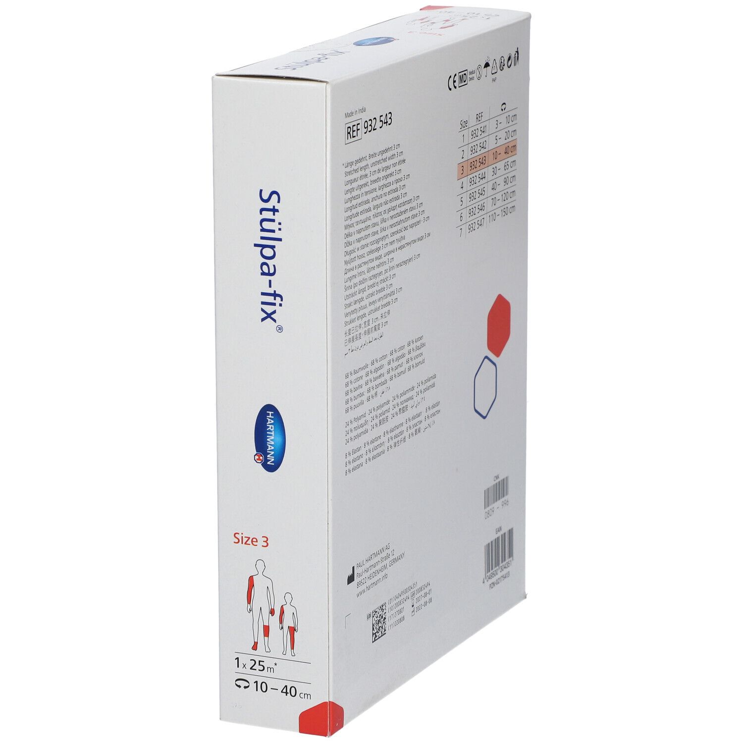 Emballage Stulpa-fix, taille 3. Bandage tubulaire élastique. Indications de taille et marquage CE.