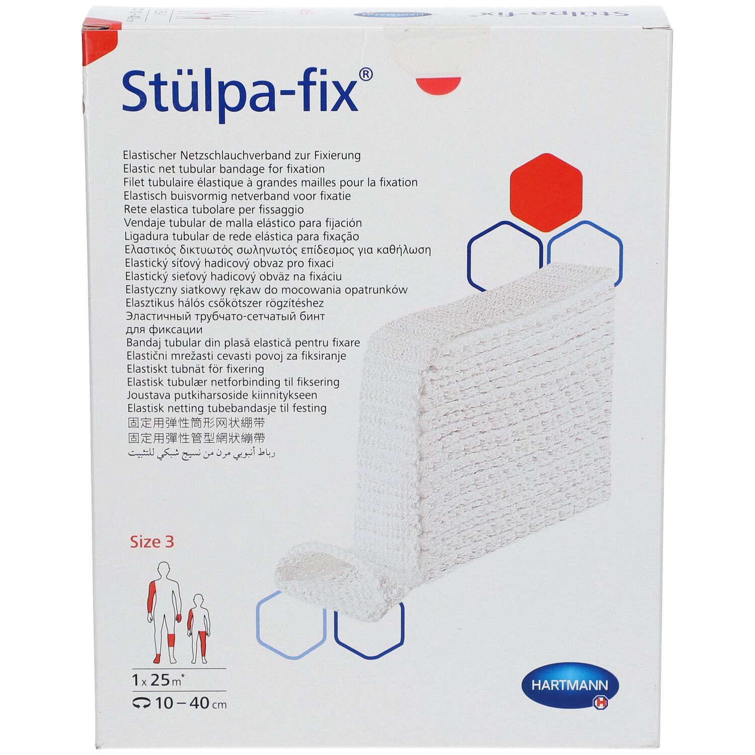 Emballage Stulpa-fix, taille 3. Bandage tubulaire élastique pour fixation. Logo Hartmann. Contient 1,25 m.