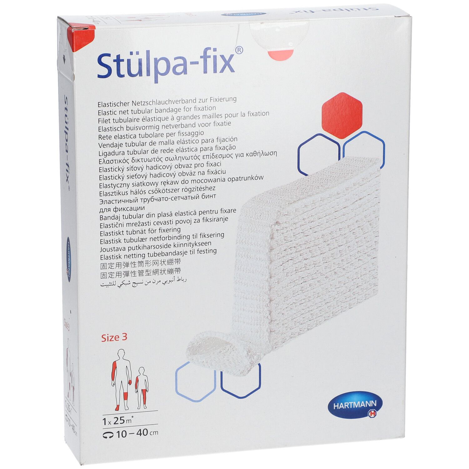 Emballage Stulpa-fix, taille 3. Bandage tubulaire élastique pour fixation. Logo Hartmann. Contient 1,25 m.