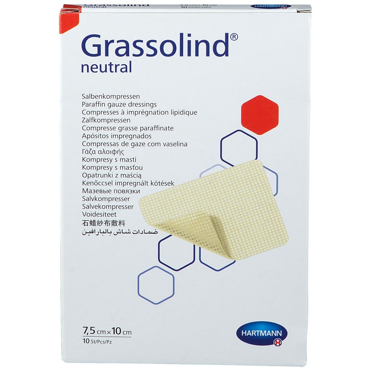 Boîte de Grassolind® neutral. Compresse ouverte, carrée, jaune clair. Texte: 7,5 cm x 10 cm, 10 pièces/paquet. Logo Hartmann.