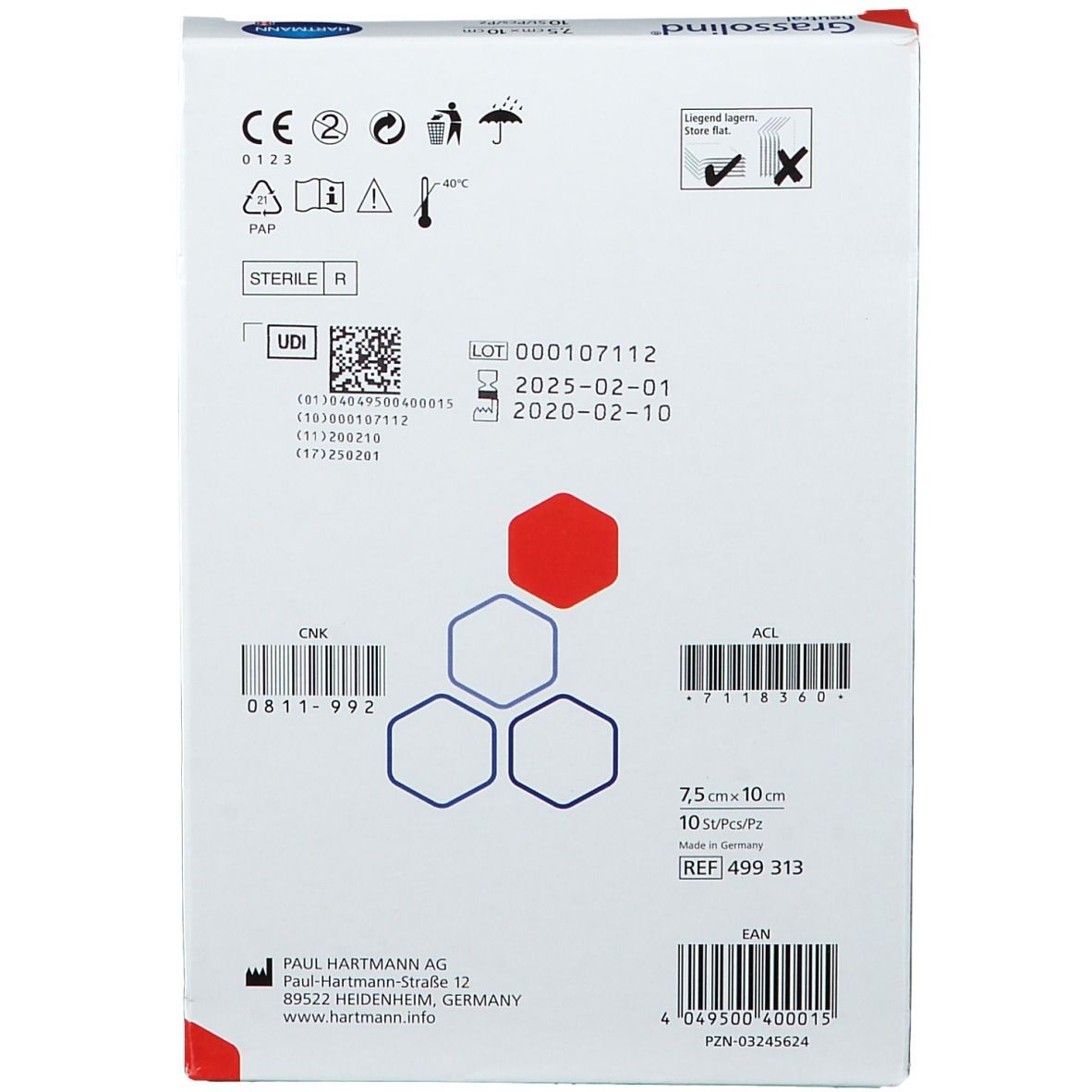 Dos de l'emballage. Texte: 7,5 cm x 10 cm, 10 pièces/paquet. Indication stérile. Codes-barres, numéro de lot, date d'expiration, logo.
