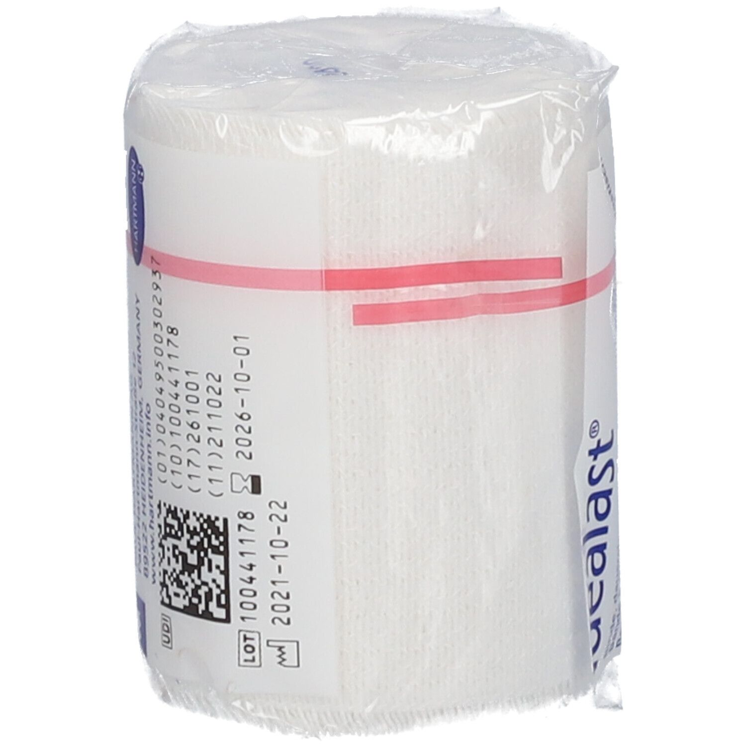 Bande élastique Idealast blanche, emballée dans du film plastique. Inscriptions: Idealast, numéro de lot, date de péremption 2026-10-01.