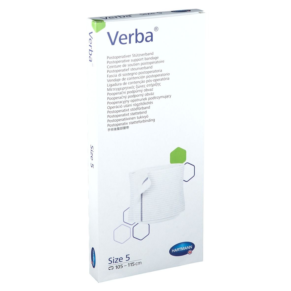 Verba, bandage de soutien postopératoire. Taille 5, 105-115 cm. Emballage blanc avec image du produit et nom de marque. Logo Hartmann.