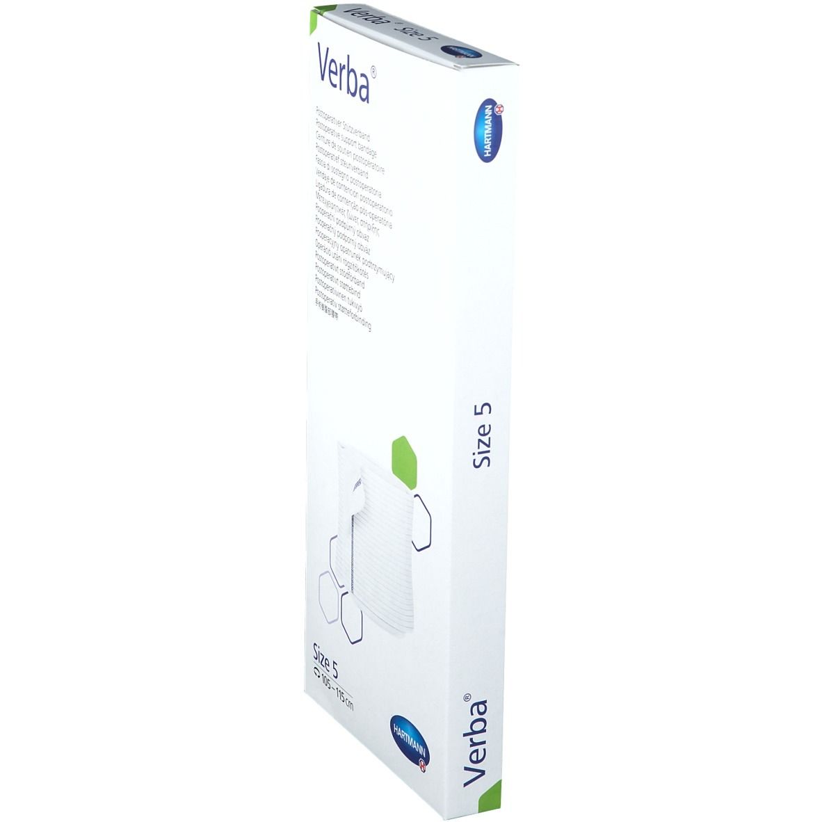 Vue latérale de l'emballage Verba. Taille 5, 105-115 cm. Blanc avec nom du produit et logo. Logo Hartmann.