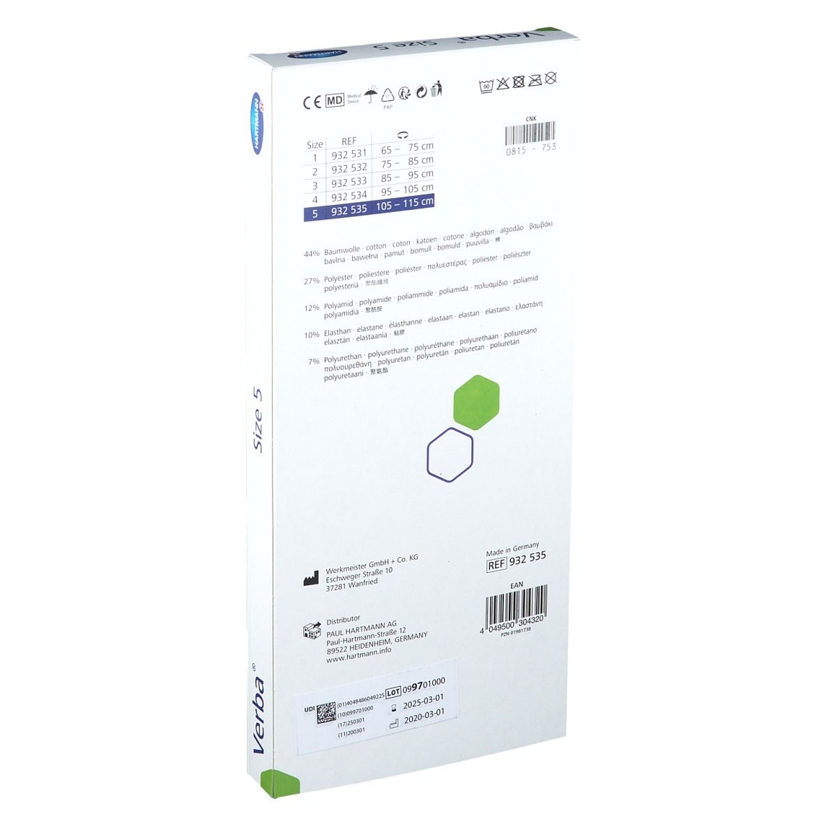 Dos de l'emballage. Informations de taille pour les bandages Verba. Taille 5: 105-115 cm. Ingrédients et informations fabricant. Logo Hartmann.