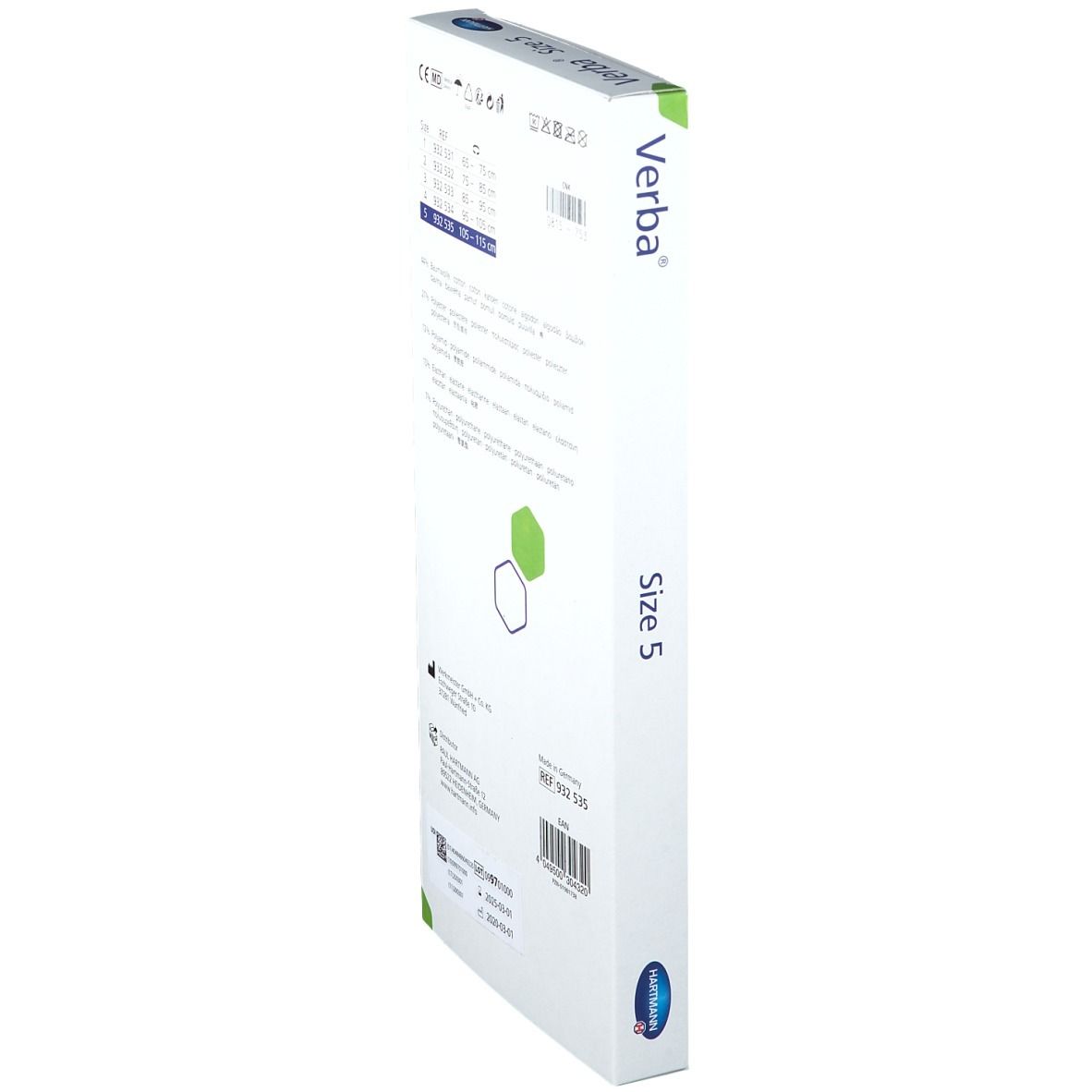 Vue latérale de l'emballage Verba. Taille 5, 105-115 cm. Blanc avec nom du produit et logo. Logo Hartmann.