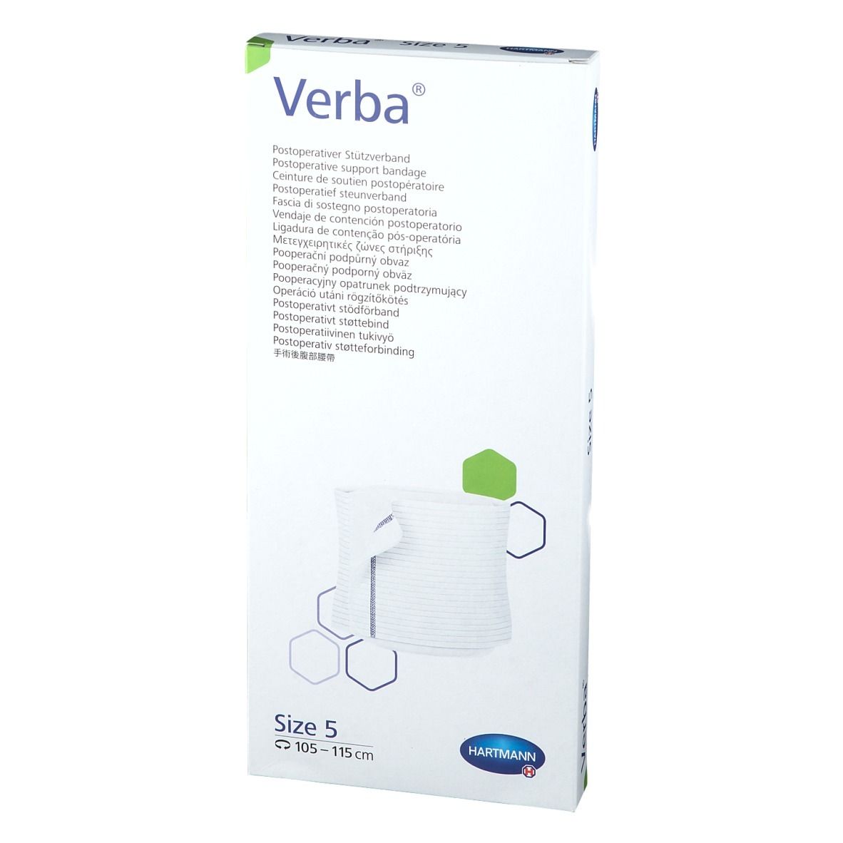 Verba, bandage de soutien postopératoire. Emballage blanc avec image du produit et nom de marque. Logo Hartmann.