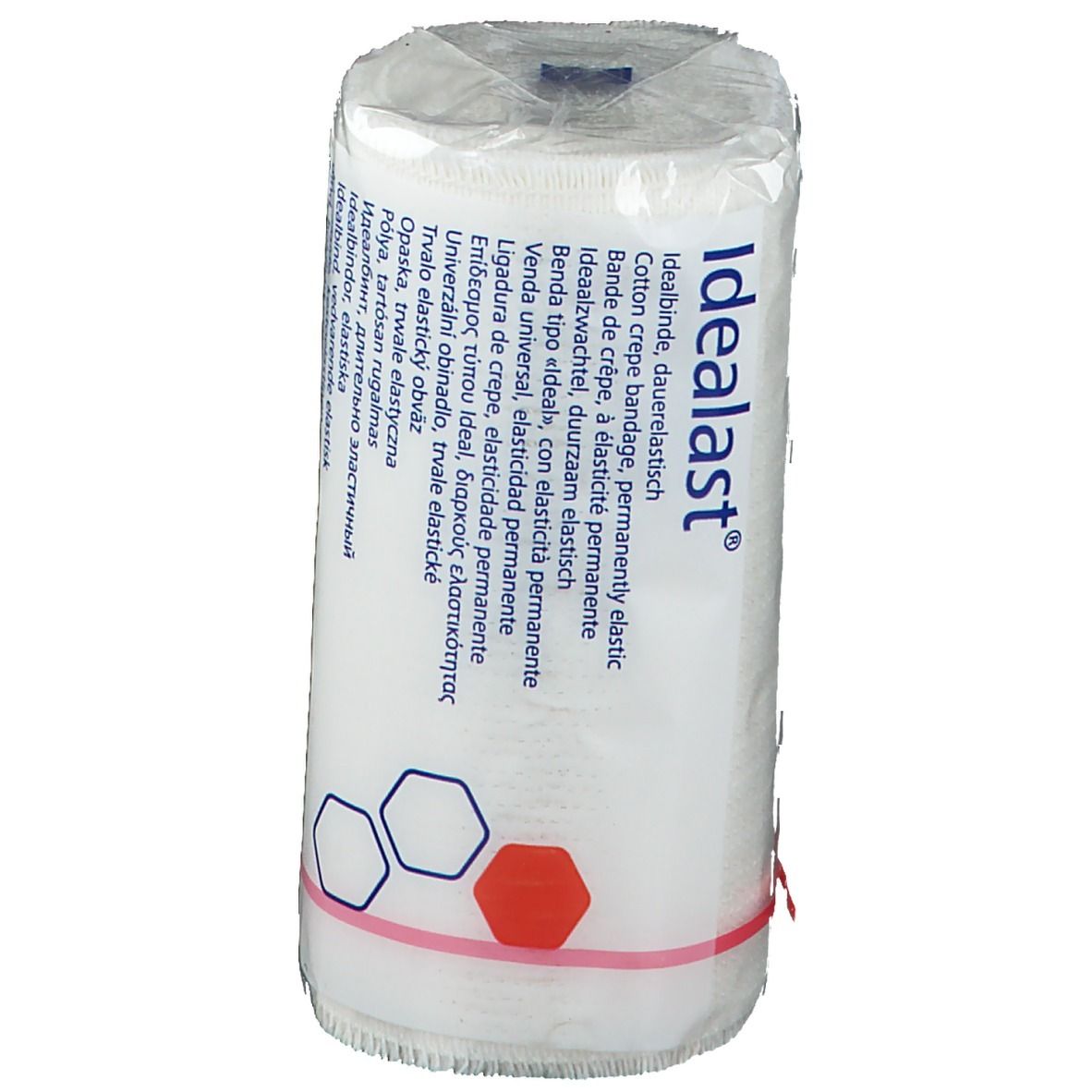 Pansement blanc emballé. Inscription Idealast. Informations multilingues. Fixation par bande élastique rouge.