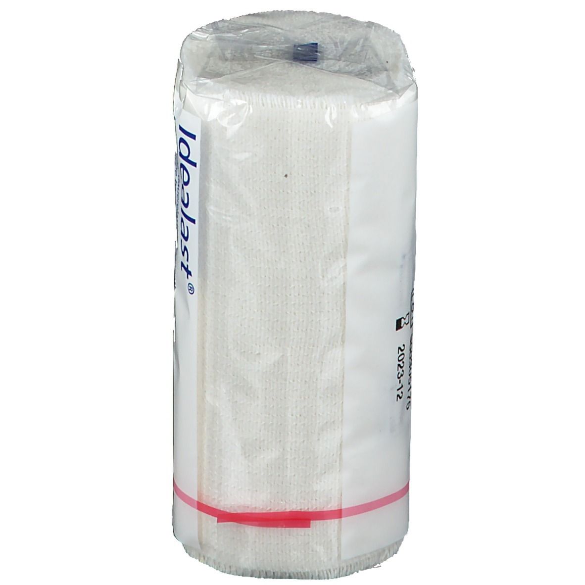 Pansement blanc emballé. Inscription Idealast. Fixation par bande élastique rouge. Date d'expiration.