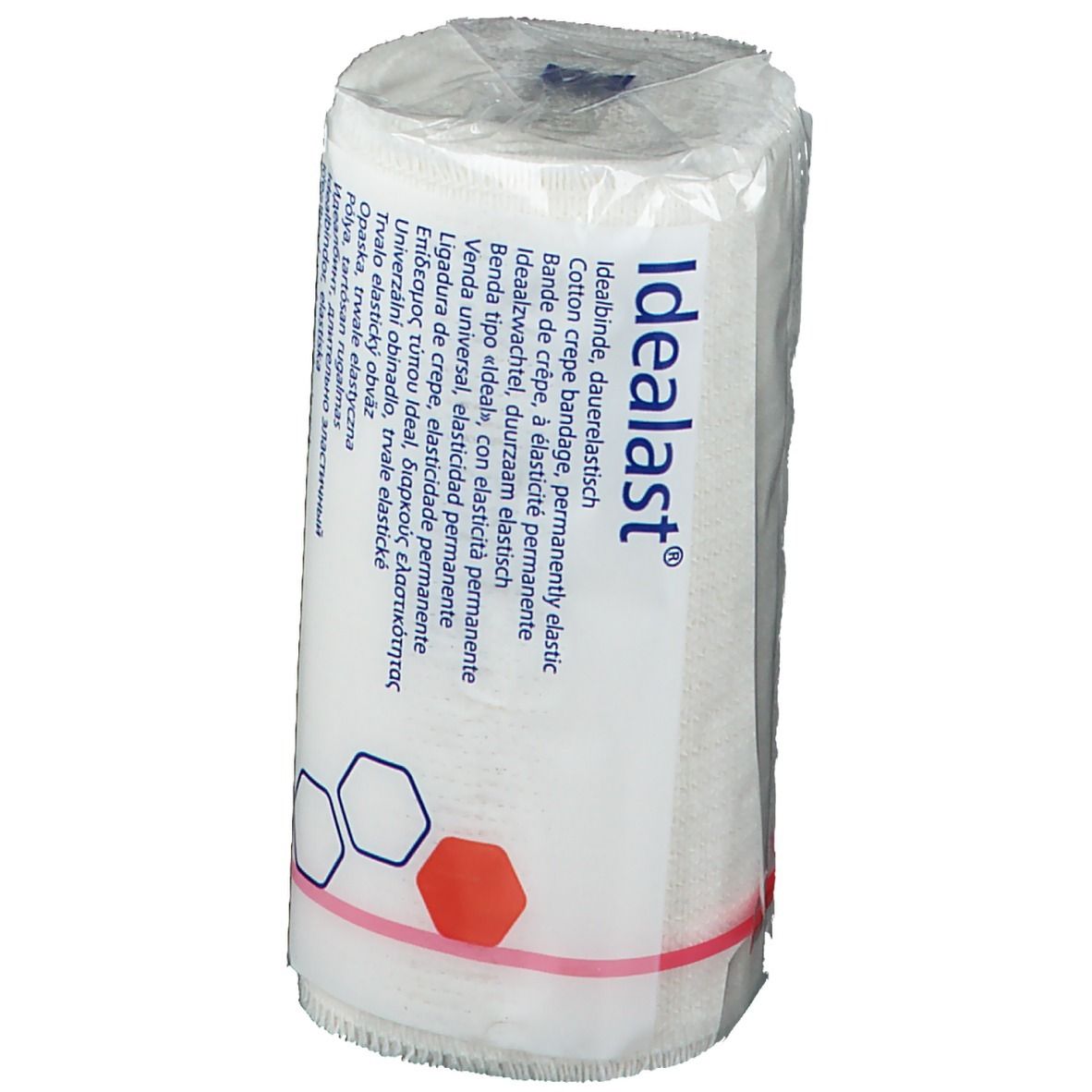 Pansement blanc emballé. Inscription Idealast. Informations multilingues. Fixation par bande élastique rouge.