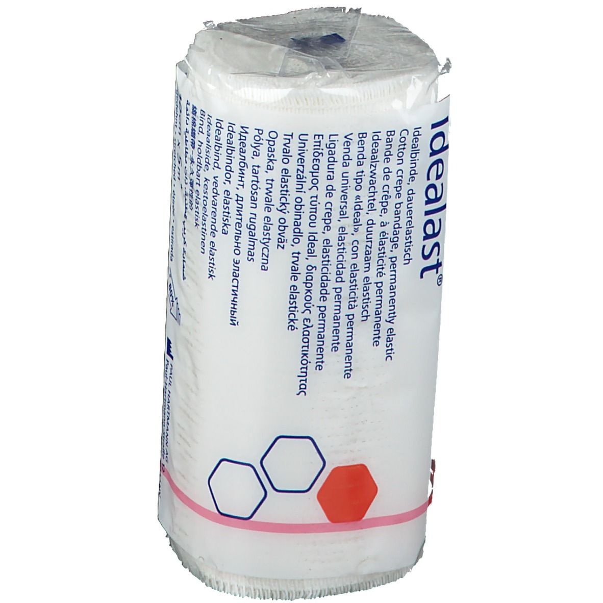 Pansement blanc emballé. Inscription Idealast. Informations multilingues. Fixation par bande élastique rouge.