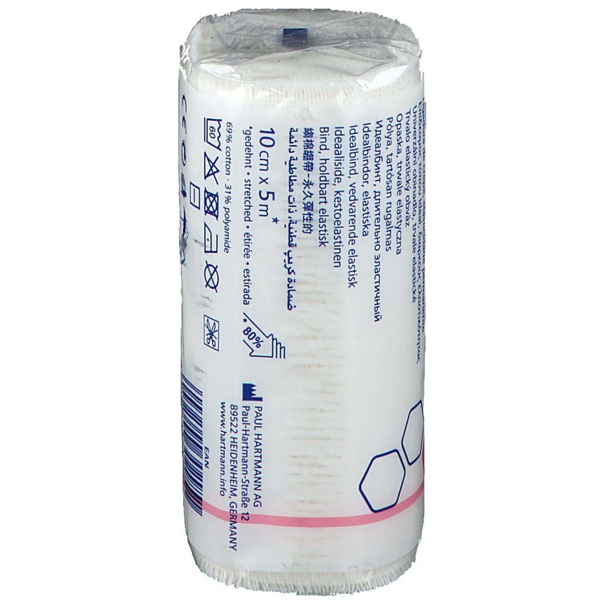 Pansement blanc emballé. Inscription 10cm x 5m, Idealast, symboles de lavage, informations fabricant.