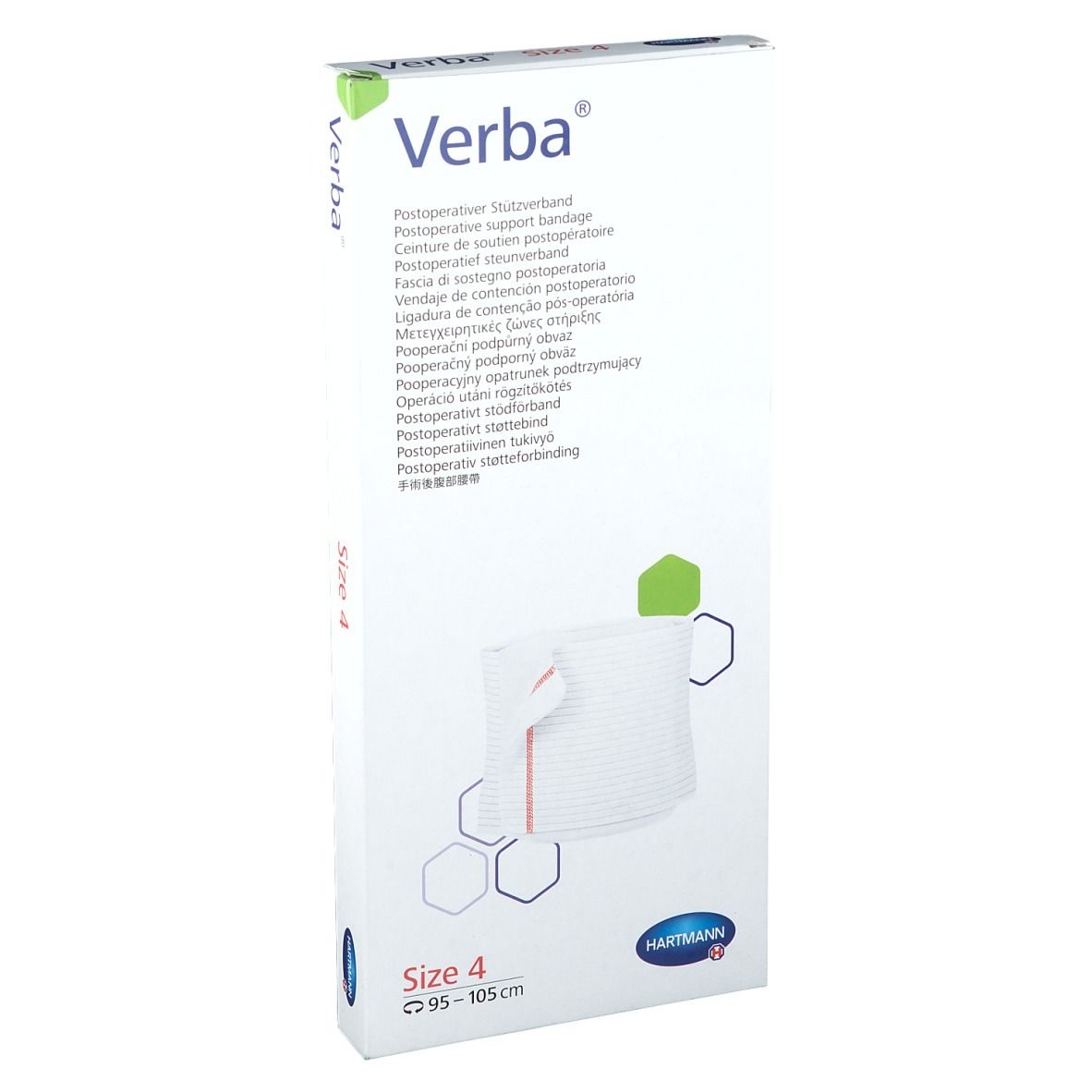 Verba, bandage de soutien postopératoire, taille 4. Emballage avec image du produit et logo Hartmann. Taille: 95-105 cm.