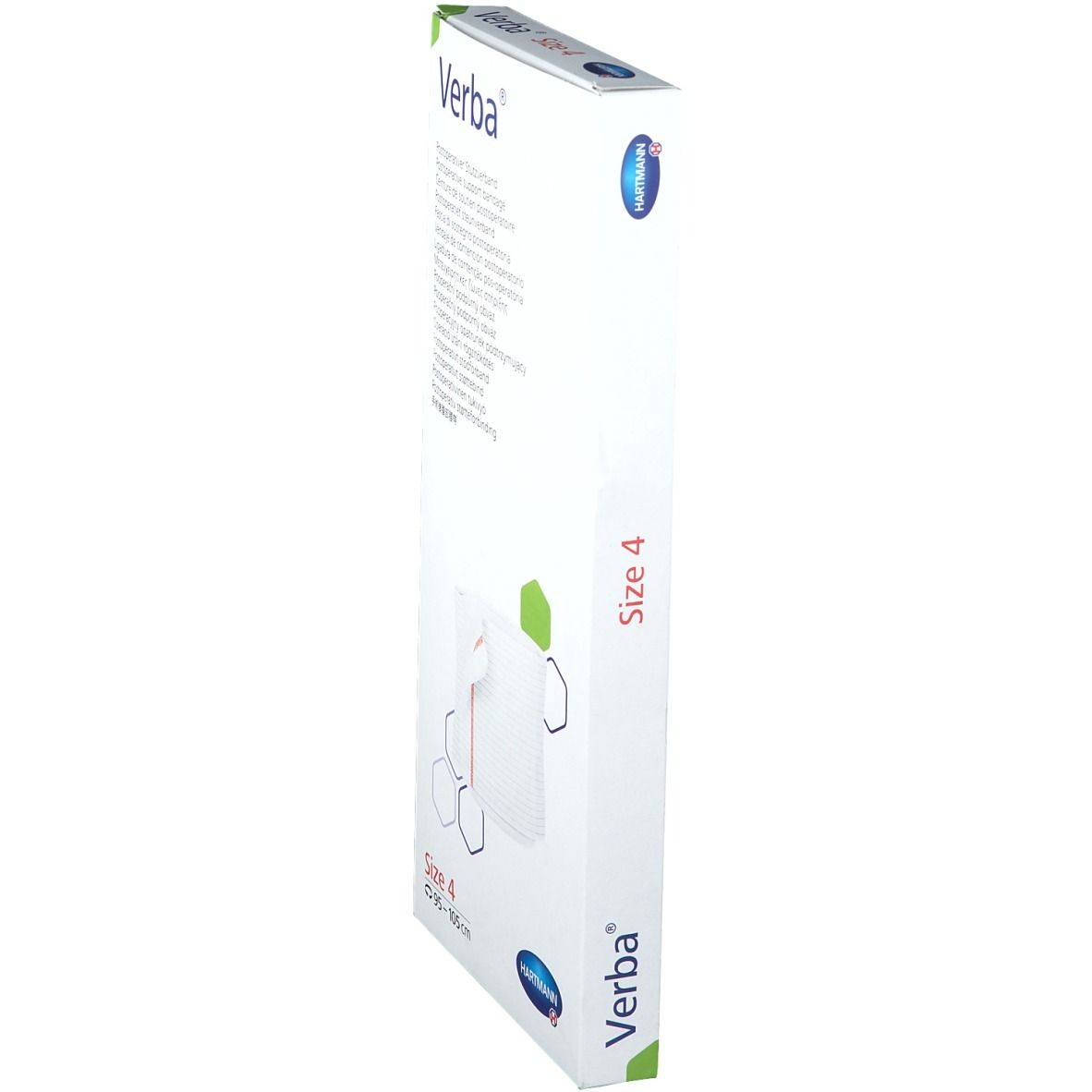 Vue latérale de l'emballage Verba. Taille 4, 95-105 cm. Nom du produit et logo. Boîte blanche avec accents verts et bleus.