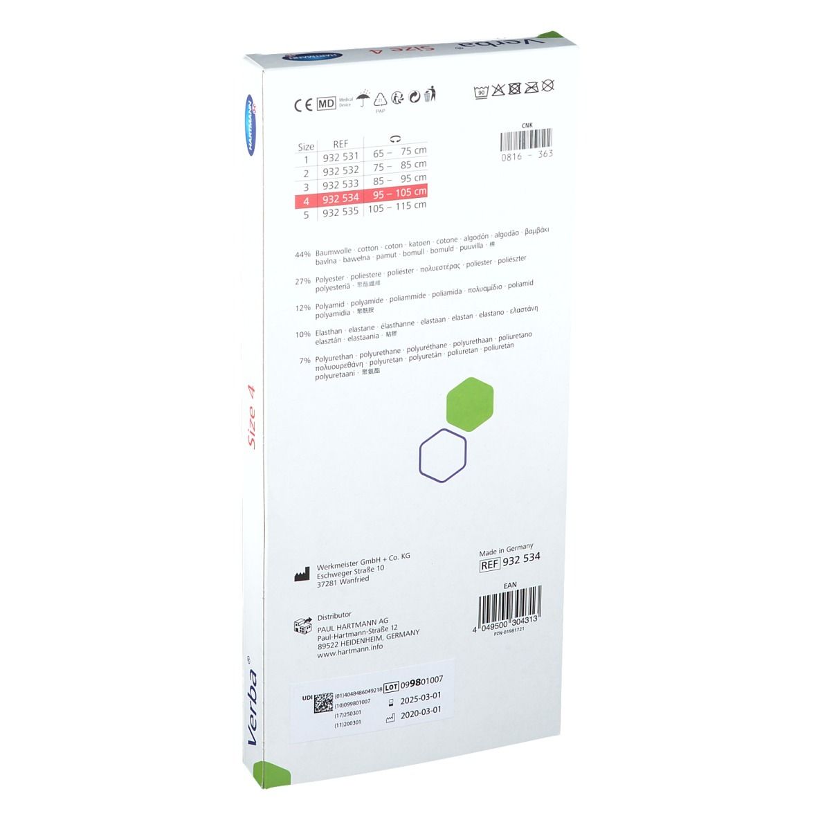 Dos de l'emballage Verba. Informations sur les tailles, le fabricant et la composition du produit. REF 932 534.