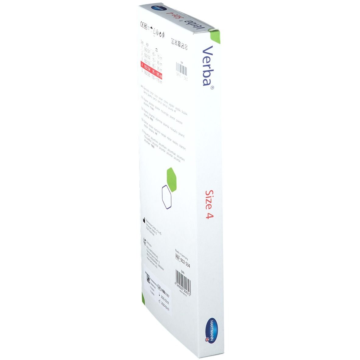Vue latérale de l'emballage Verba. Informations sur les tailles et le produit. Boîte blanche avec accents verts et bleus.