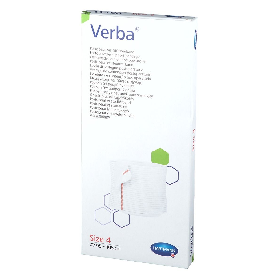 Verba, bandage de soutien postopératoire, taille 4. Emballage avec image du produit et logo Hartmann. Taille: 95-105 cm.