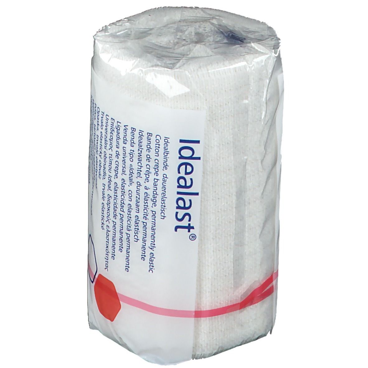 Rouleau de bandage Idealast blanc, emballé dans du plastique. Anneau en caoutchouc rouge. Inscription Idealast.