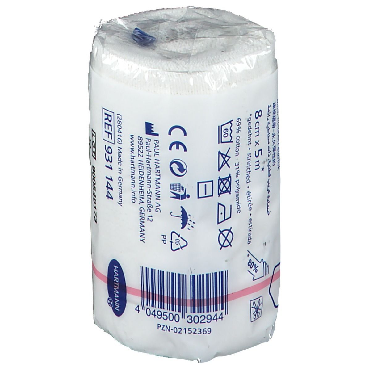 Rouleau de bandage en plastique. Inscriptions avec taille 8 cm x 5 m, symboles de lavage et code-barres. Logo Hartmann.