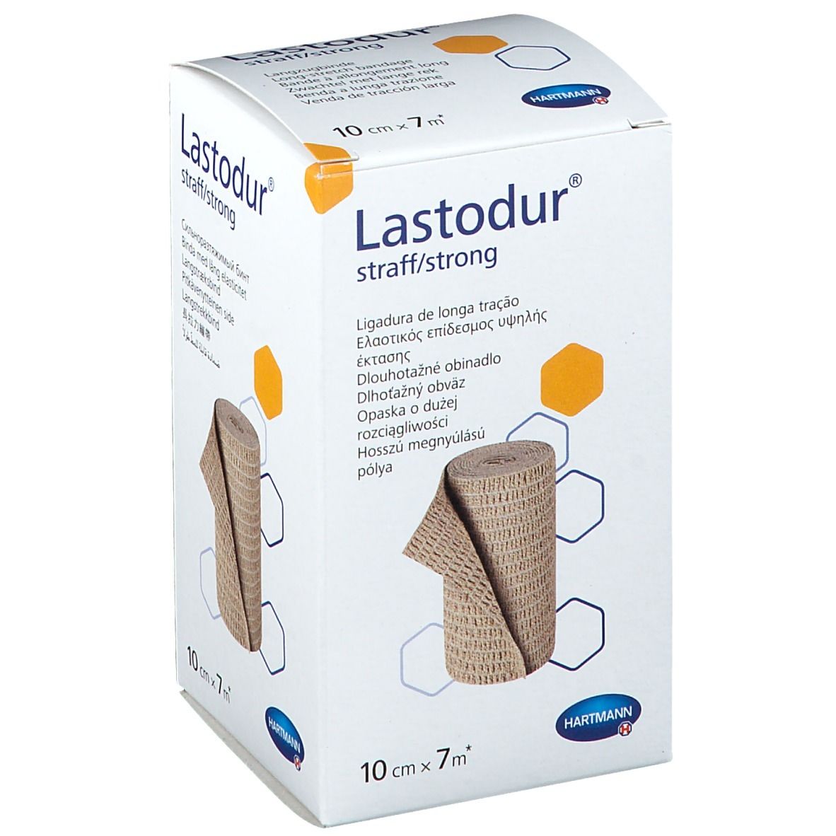 Boîte de Hartmann Lastodur, 10cm x 7m. Inscription: Lastodur straff/strong, image du bandage. Dimensions: 10cm x 7m.