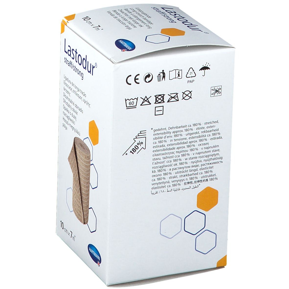 Dos de la boîte Hartmann Lastodur. Contient des informations et des symboles. Dimensions: 10cm x 7m.