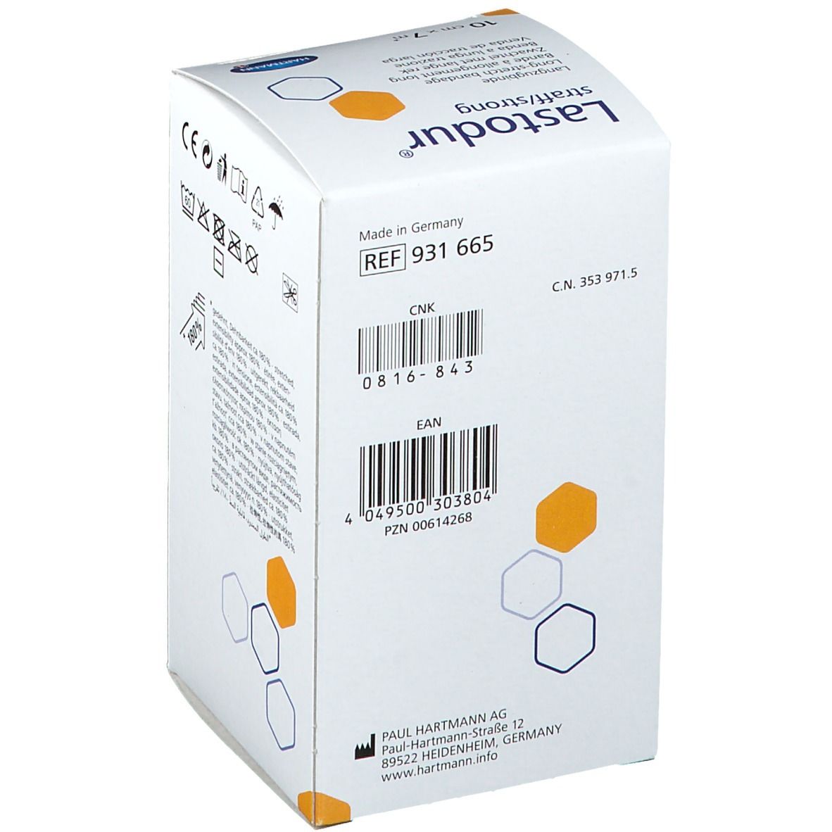 Boîte Hartmann Lastodur, vue détaillée. Contient des informations sur le produit, le numéro de référence et le code-barres.