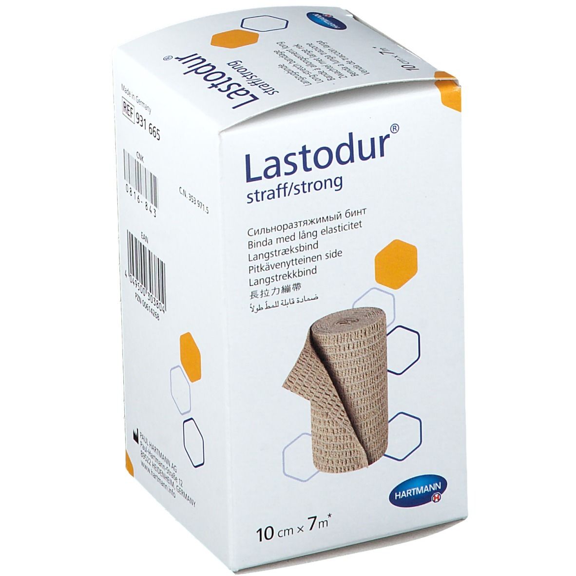 Boîte de Hartmann Lastodur, 10cm x 7m. Inscription: Lastodur straff/strong, image du bandage. Dimensions: 10cm x 7m.