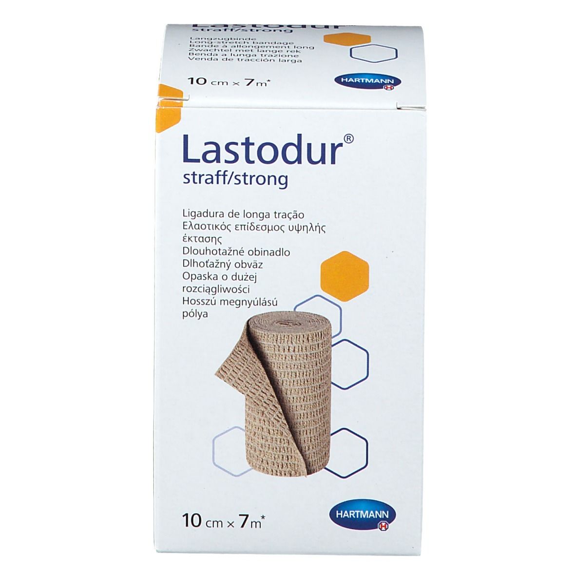Boîte de Hartmann Lastodur, 10cm x 7m. Inscription: Lastodur straff/strong, image du bandage. Dimensions: 10cm x 7m.