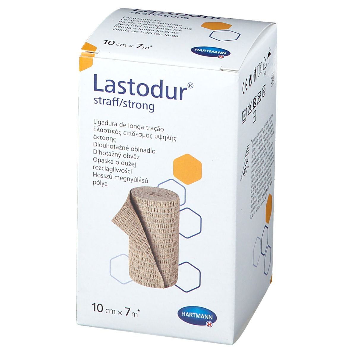 Boîte de Hartmann Lastodur, 10cm x 7m. Inscription: Lastodur straff/strong, image du bandage. Dimensions: 10cm x 7m.