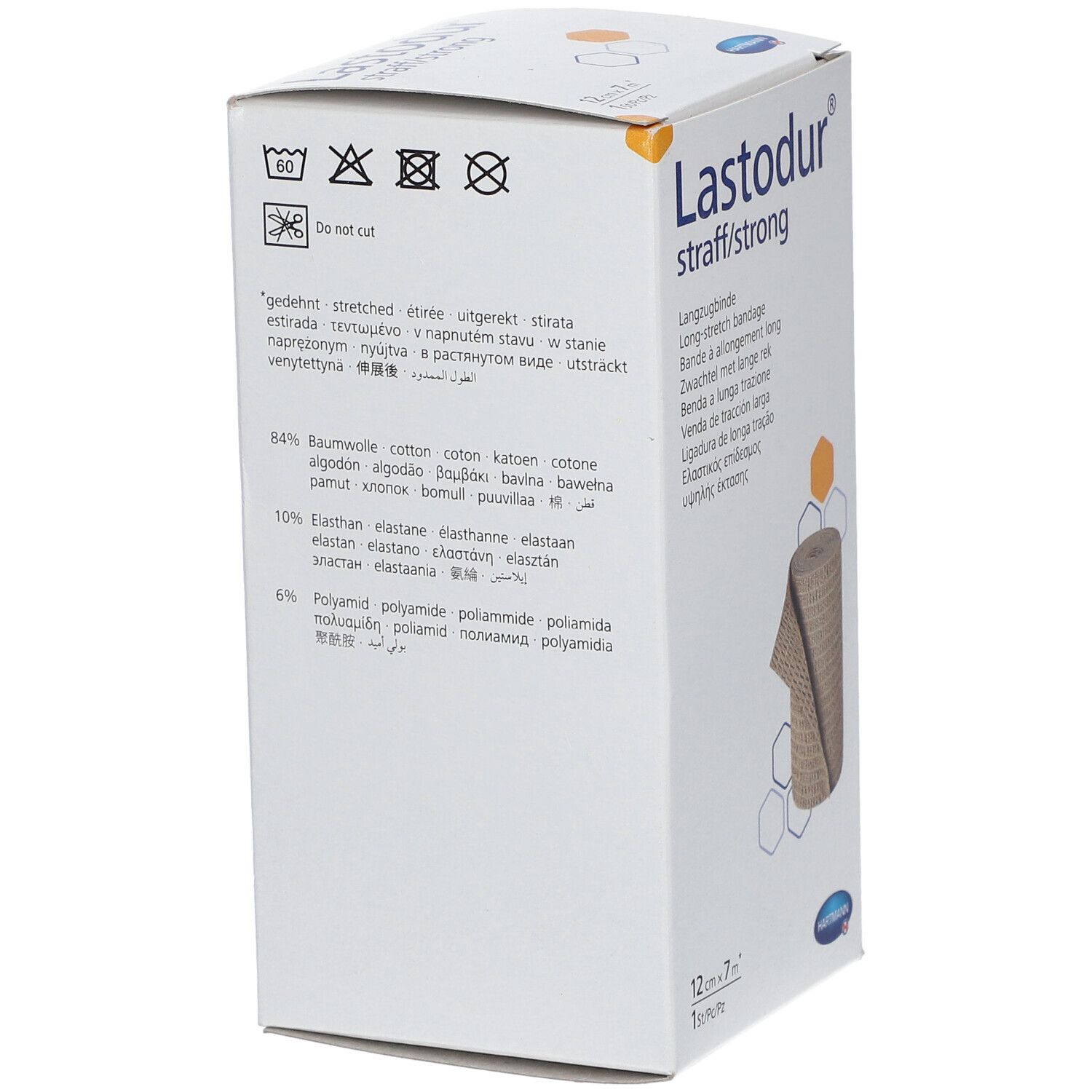 Dos de la boîte Lastodur. Informations sur la composition et symboles de lavage. Texte multilingue.