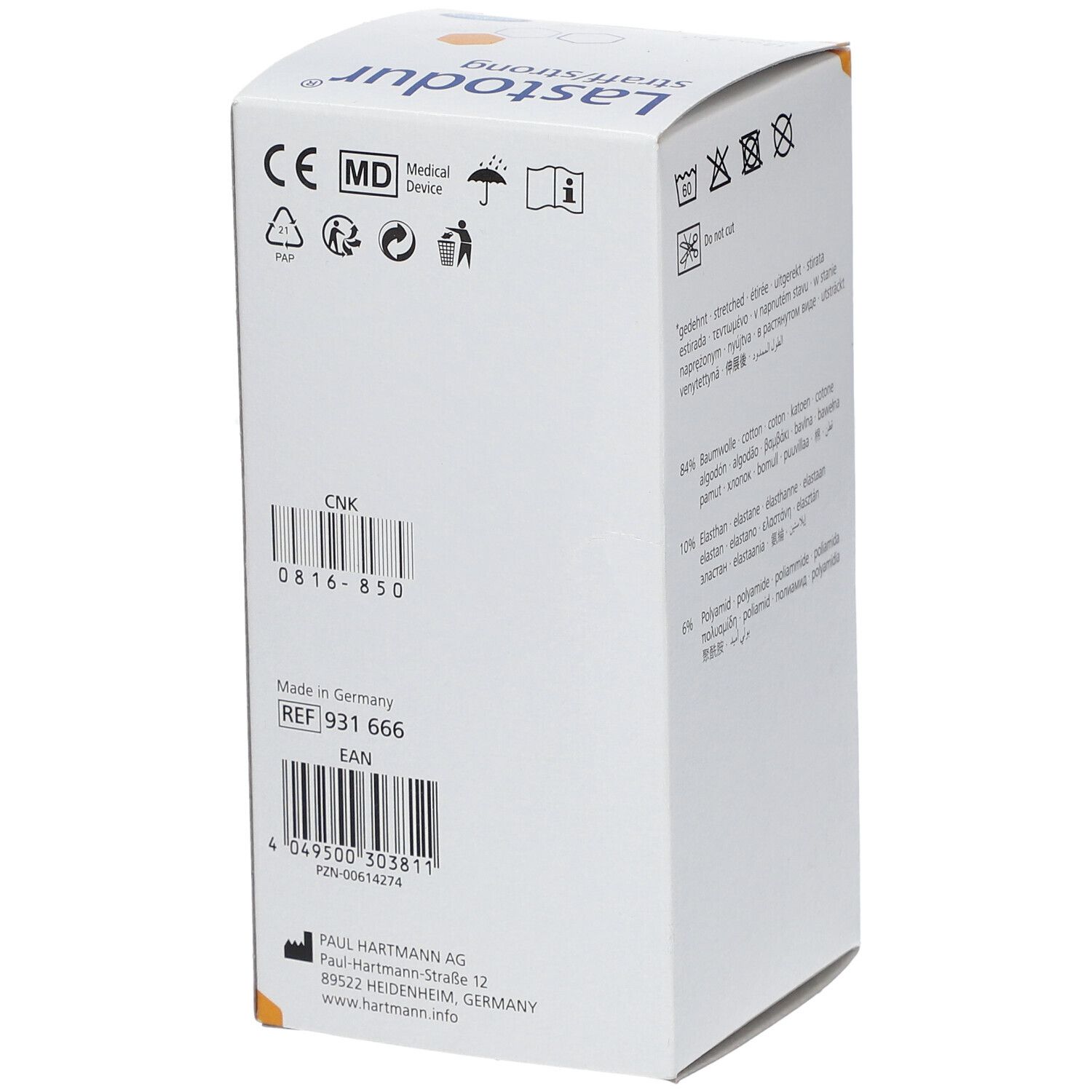 Dos de la boîte Lastodur. Contient marquage CE, adresse du fabricant et code-barres. Fabriqué en Allemagne.