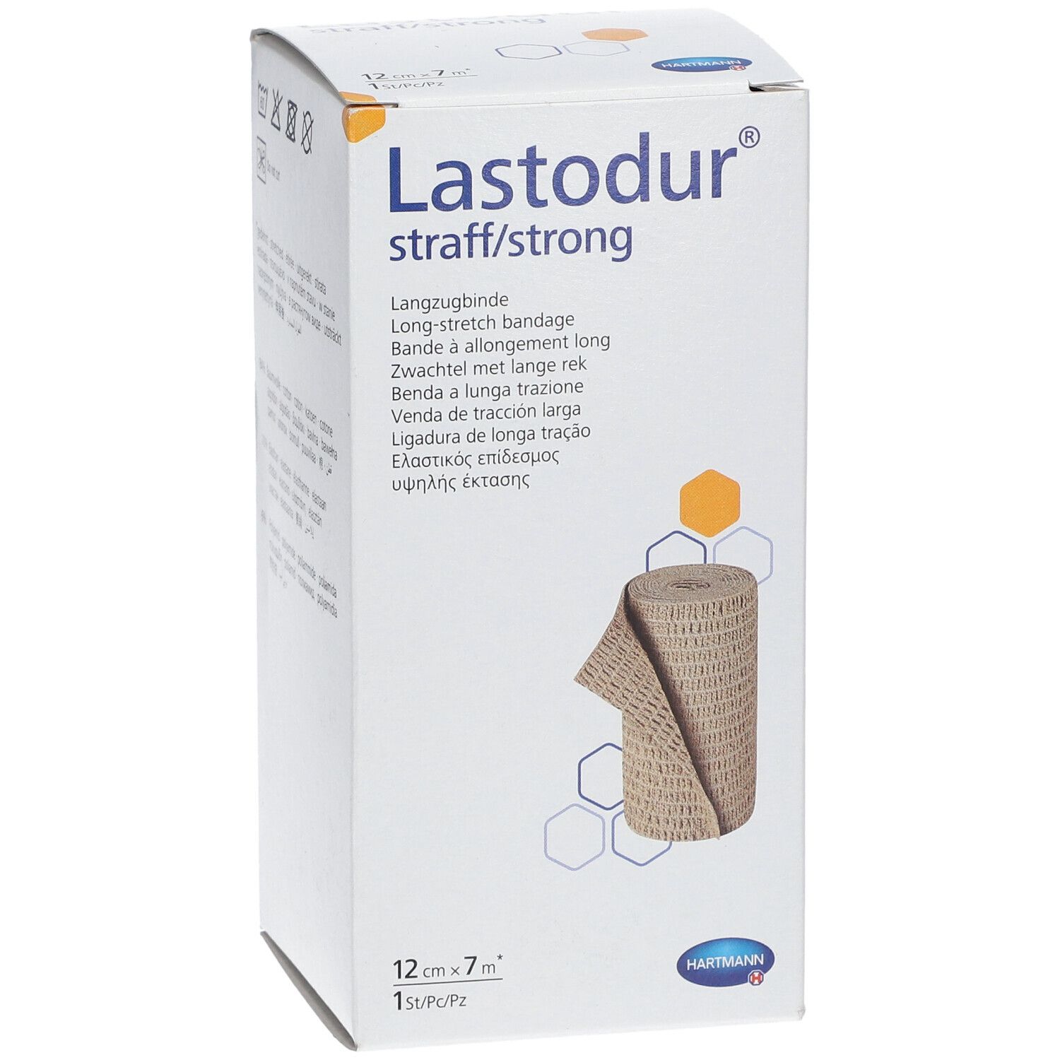 Boîte Lastodur, 12cm x 7m. Bandage beige représenté. Logo Hartmann en bas à droite. Texte multilingue.