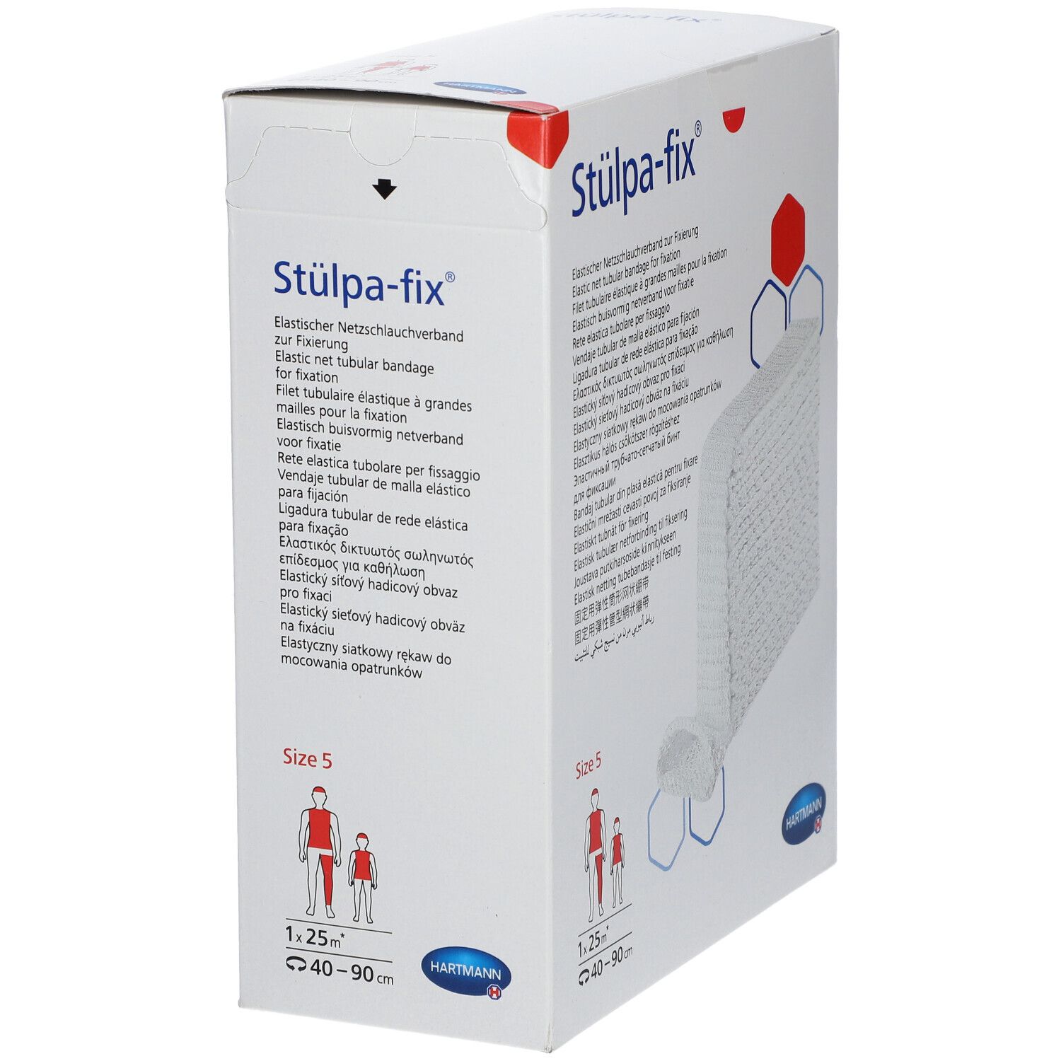 Hartmann Stülpa-fix Gr. 5. Emballage avec bandage en filet. Taille 5, 1,25 m, 40-90 cm. Logo Hartmann. Vue latérale.