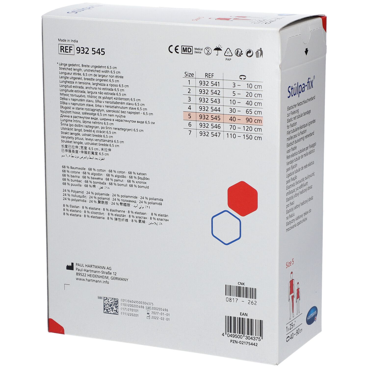 Dos de l'emballage Hartmann Stülpa-fix Gr. 5. Informations sur les tailles, ingrédients, fabricant. Marquage CE.