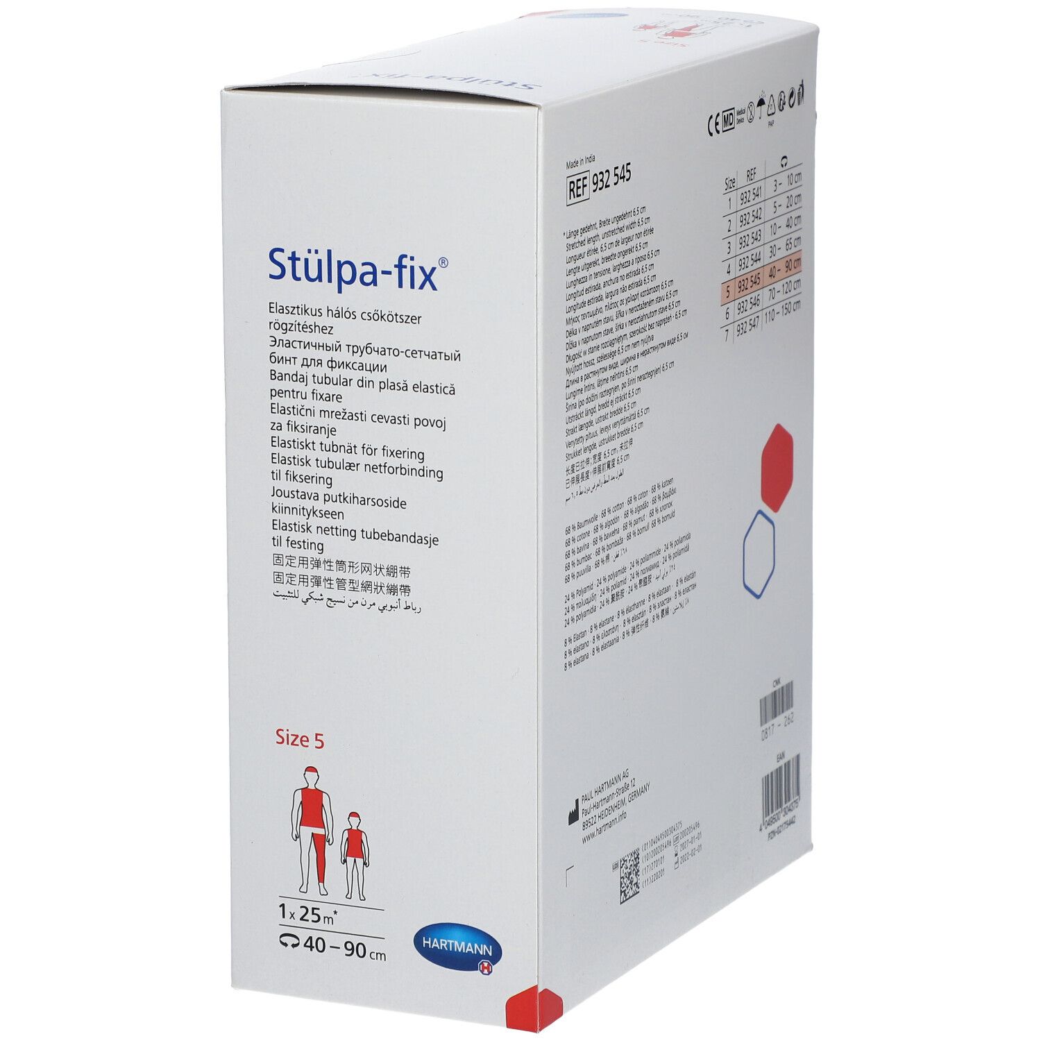 Hartmann Stülpa-fix Gr. 5. Emballage avec bandage en filet. Taille 5, 1,25 m, 40-90 cm. Logo Hartmann. Vue oblique.