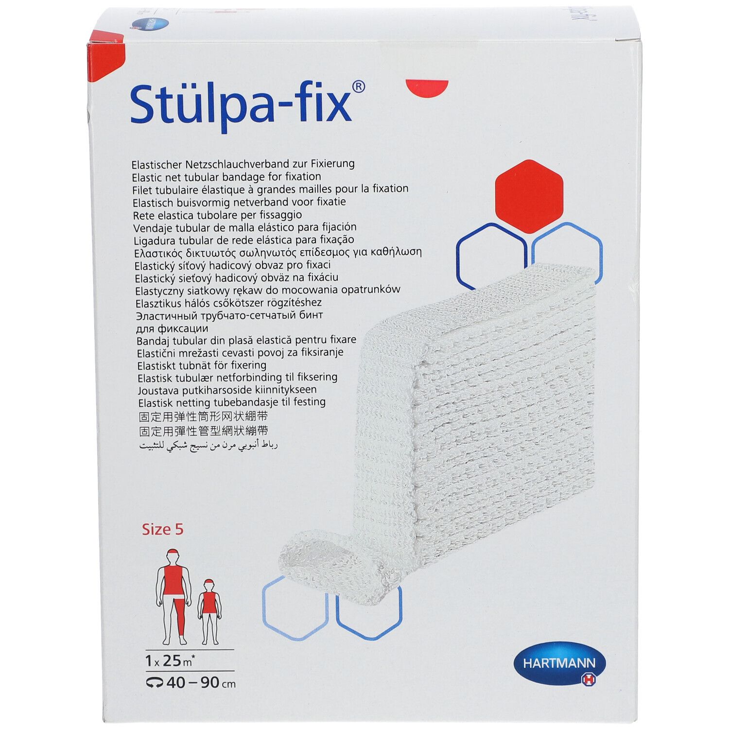 Hartmann Stülpa-fix Gr. 5. Rouleau de bandage en filet blanc dans son emballage. Taille 5, 1,25 m, 40-90 cm. Logo Hartmann.