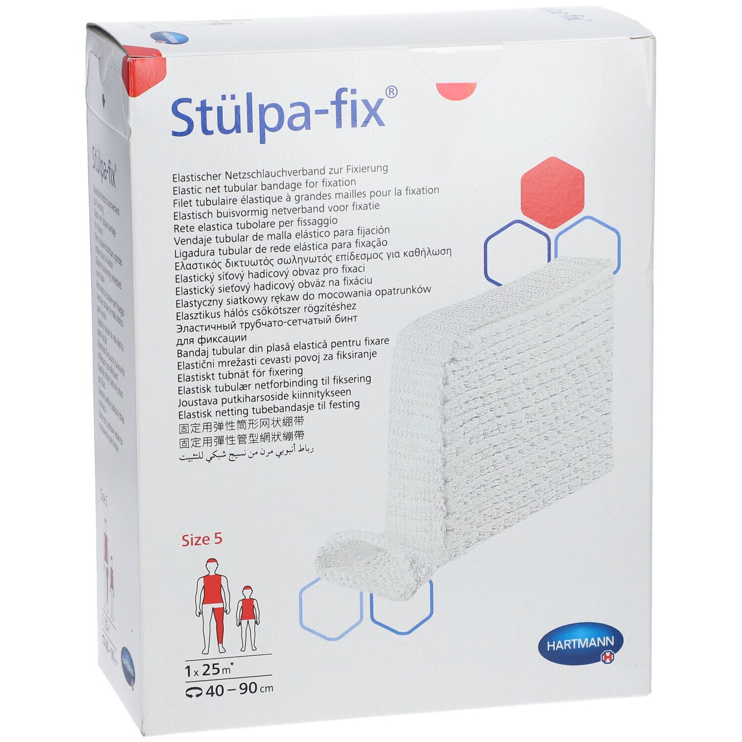 Hartmann Stülpa-fix Gr. 5. Rouleau de bandage en filet blanc dans son emballage. Taille 5, 1,25 m, 40-90 cm. Logo Hartmann.